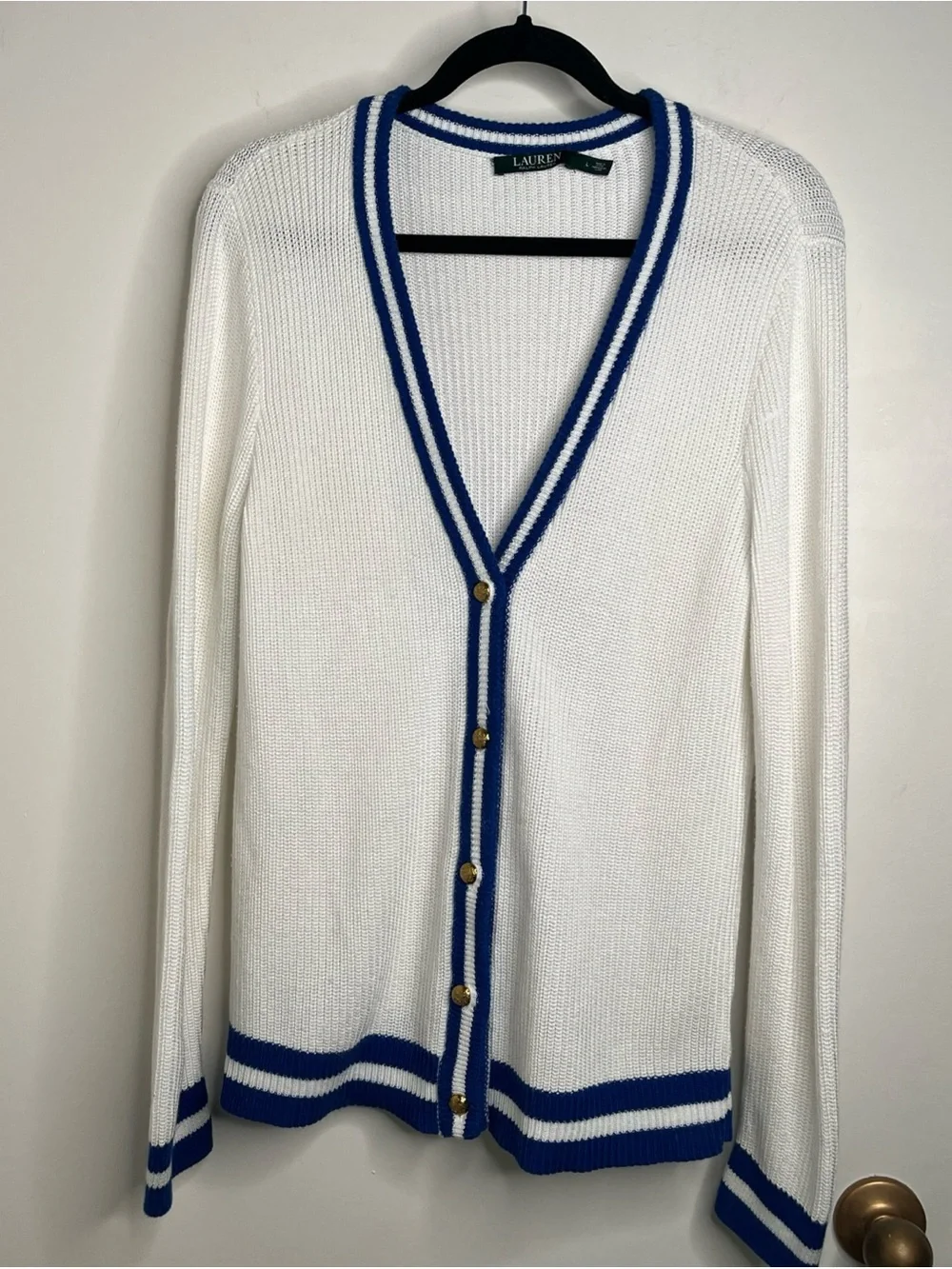 LAUREN RALPH LAUREN LRL CRICKET CARDIGAN White Blue L Preppy Quiet Luxury Tennis
